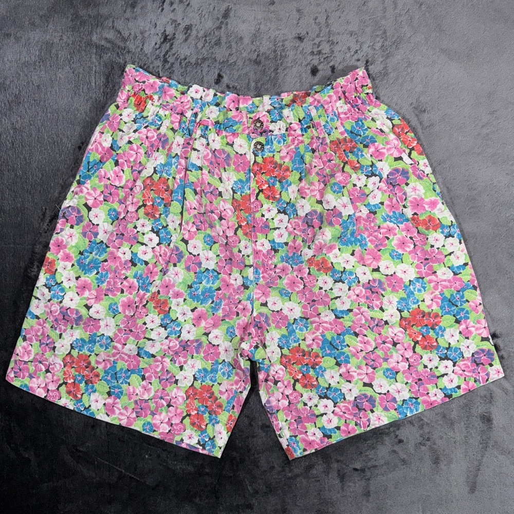 Vintage Get! Floral Shorts Pink Blue Green High Waisted Elastic Waist Large